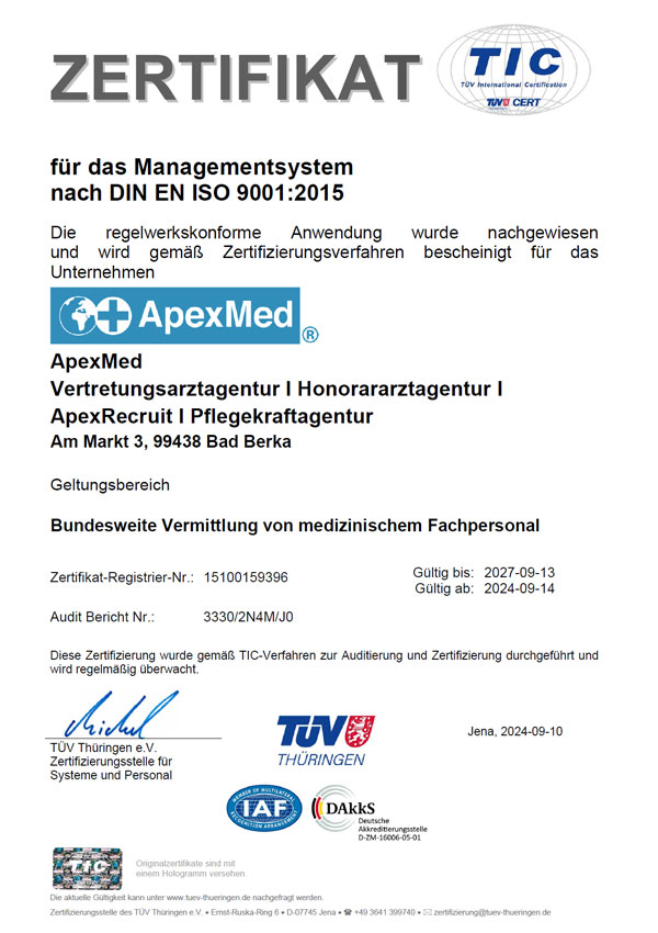 TÜV-Zertifikat für das Managementsystem nach DIN EN ISO 9001:2015